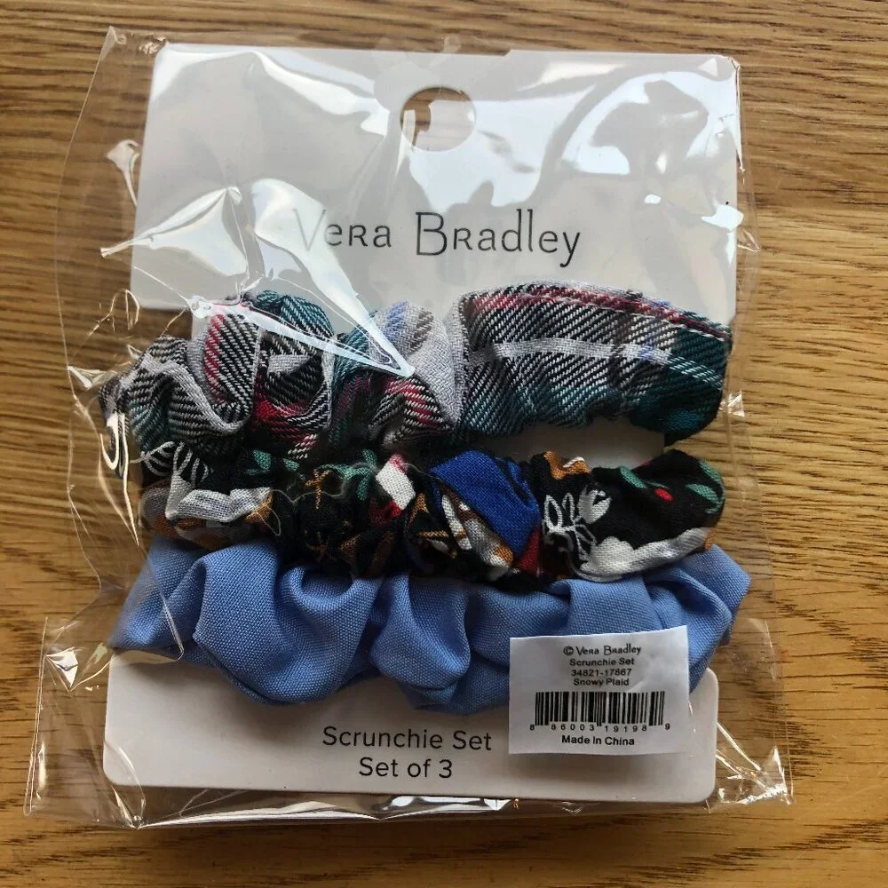 Vera Bradley Snowy Plaid Scrunchie Set of 3 NWT